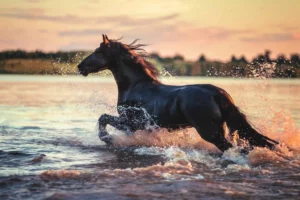 Ein schwarzes Pferd galoppiert bei Sonnenuntergang durch das Wasser.