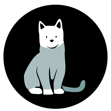 Illustration einer einfachen, lächelnden grauen Katze auf schwarzem Hintergrund.
