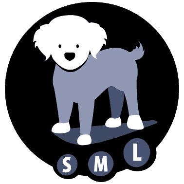 Cartoon eines Hundes, der auf einer Größentabelle mit der Aufschrift S, M, L steht.