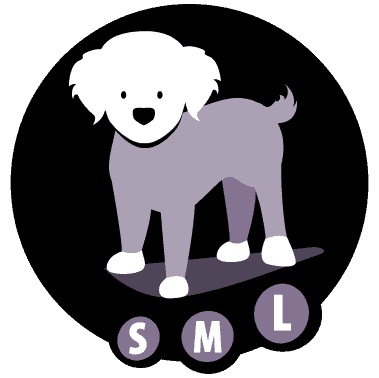 Eine Grafik eines weißen Hundes, der auf einem Skateboard steht und mit den Größen S, M und L beschriftet ist.