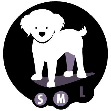 Grafik einer weißen Hundesilhouette auf einer Größentabelle mit den Buchstaben s, m und l.