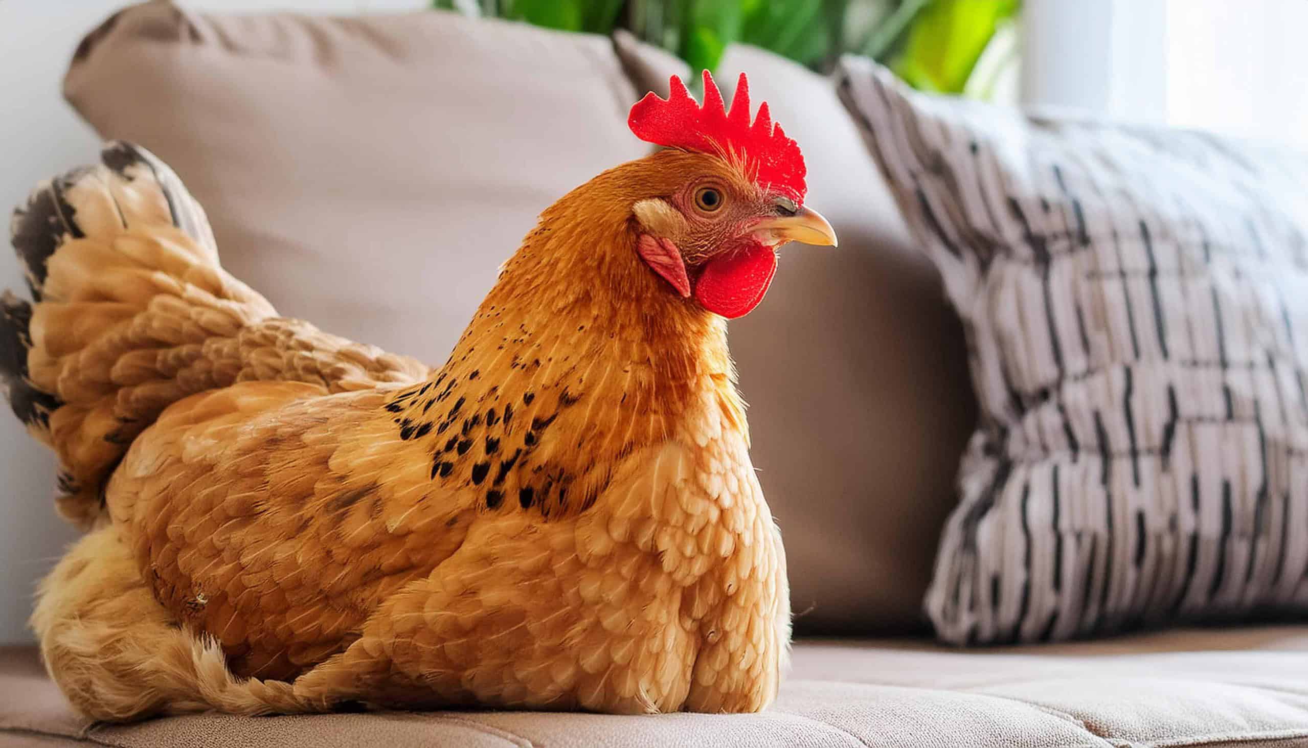 Ein braunes Huhn mit rotem Kamm, das die tadellose Stubenreinheit bei Hühnern zur Schau stellt, sitzt auf einem beigen Sofa mit gemusterten Kissen im Hintergrund.